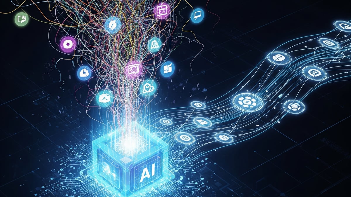 A conceptual illustration showing a central AI core transforming tangled, chaotic data streams from business apps into a single, streamlined, and efficient workflow. Generated using Gemini.