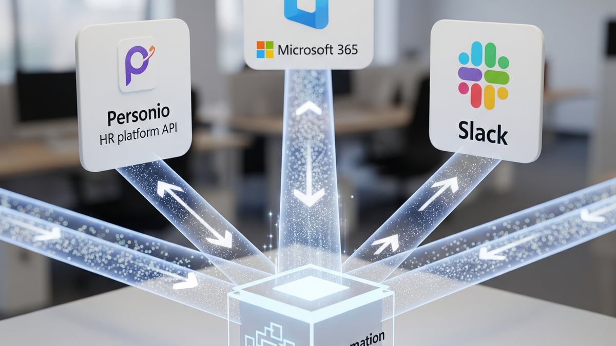 A clean 3D render showing a central automation engine seamlessly connecting the Personio HR platform API to Microsoft 365 and Slack, creating a smooth, efficient data highway and eliminating manual work. Generated using Gemini.