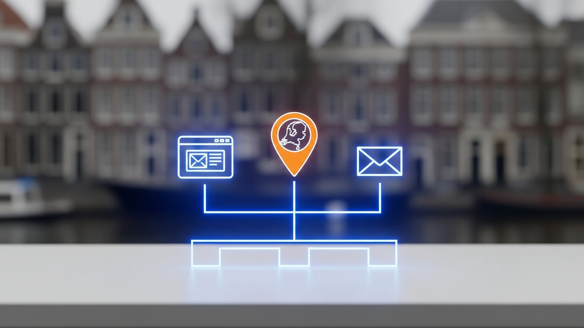 An illustration of a marketing automation system showing integrated components: a central customer profile (map pin), a web-based interface, and email marketing (envelope icon), with a scenic Dutch city in the background. Generated using Gemini.