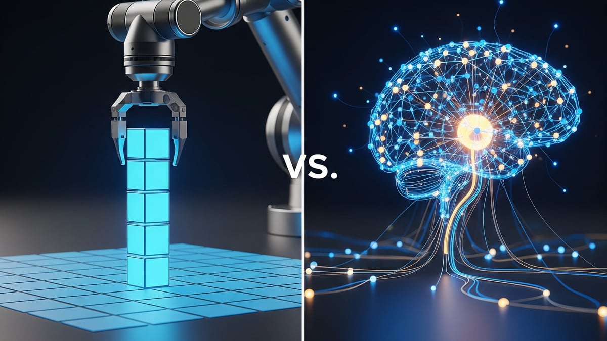 A visual comparison showing a robotic arm for RPA performing a structured task and a brain-like network for AI making a decision. Generated using Gemini.