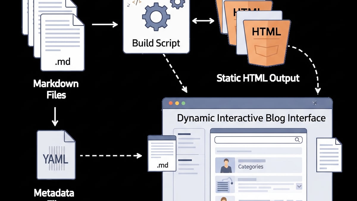 A diagram of a static site generator workflow, showing how Markdown files are turned into static HTML by a build script to create a dynamic blog interface. Generated using Gemini.